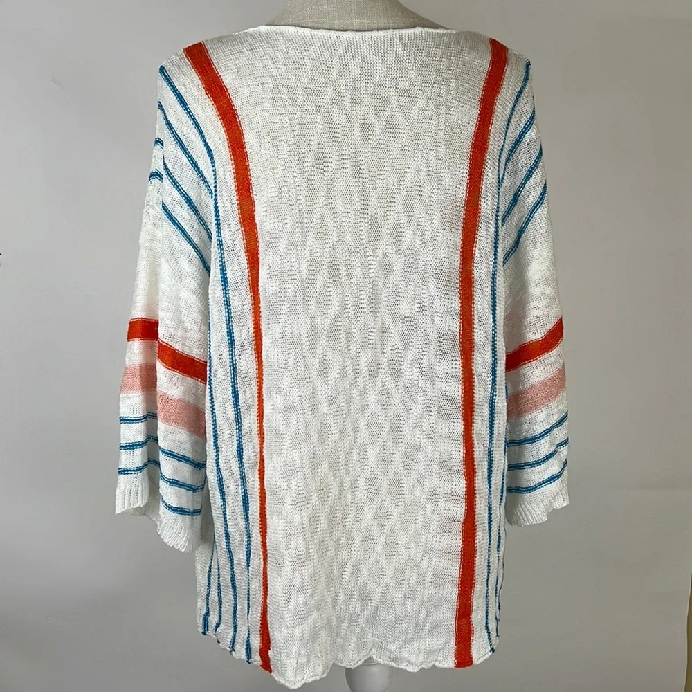 Casual white shirtsleeve sweater with blue and red-orange stripes bell s… - Picture 2 of 4